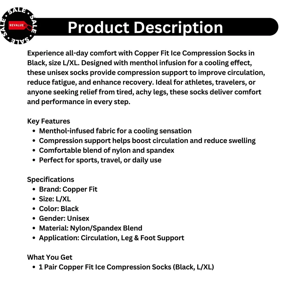 Copper Fit Ice Unisex Compression Socks – Black‎ L/XL Menthol Infused Support